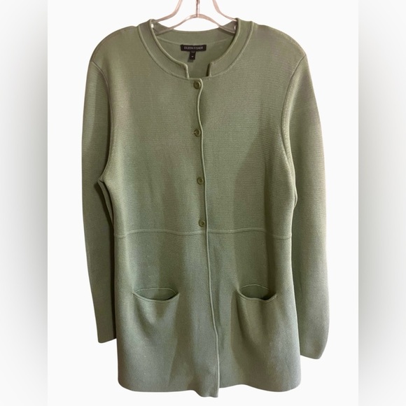 Eileen Fisher 80% Silk Tunic Jacket Sweater Cardigan Button Front Sea Green Med - Picture 12 of 12